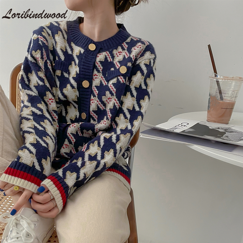 Loribindwood 새로운 2021 여성의 가을 겨울 스웨터와 황금 스레드 체크 무늬 우아한 카디건 빈티지 와일드 탑스